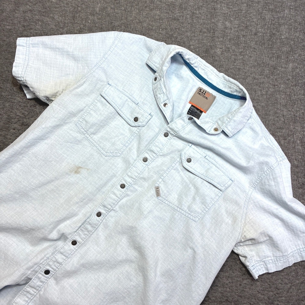 5.11 Tactical Snap Up Shirt Mens Large Blue Short Sleeve‎ Snap Pockets 2A Stains